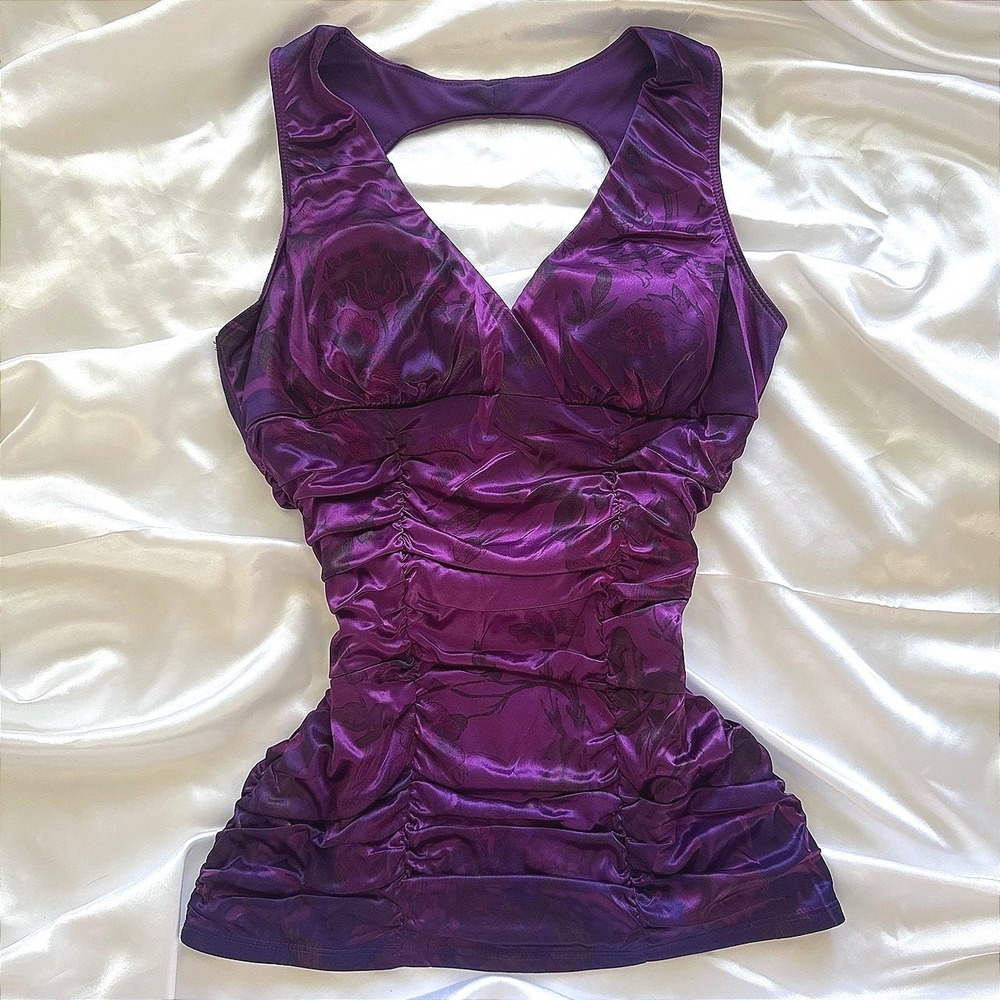 Studio Y Purple Floral Satin Ruched V-Neck Cutout Back Sleeveless Top Small